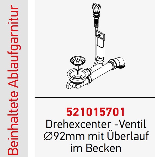 Drehexcenter Ventil Ablaufgarnitur 92 Millimeter mit Überlauf für Waschbecken