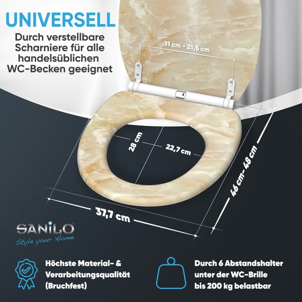 Universeller Toilettensitz, Marmor-Optik, Scharniere 11-21,5 Zentimeter, Maße 37,7 mal 46-48 Zentimeter, bis 200 Kilogramm belastbar, Sanilo Logo.