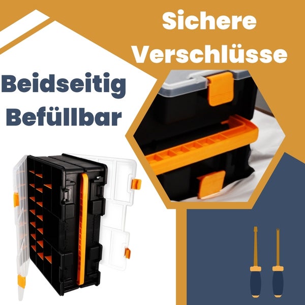 Abbildung eines Werkzeugkoffers mit beidseitiger Füllmöglichkeit und sicheren Verschlüssen
