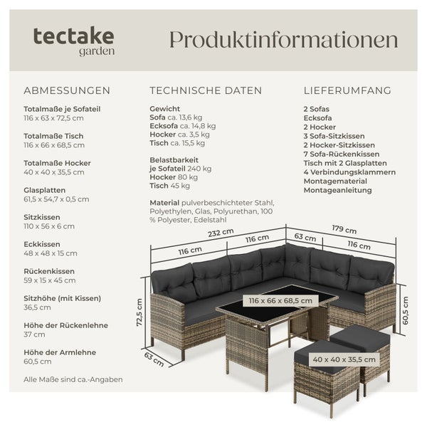 Infografik mit Abmessungen in Zentimetern und technischen Daten für ein Tectake Gartenlounge-Set bestehend aus Sofa, Tisch und Hockern.