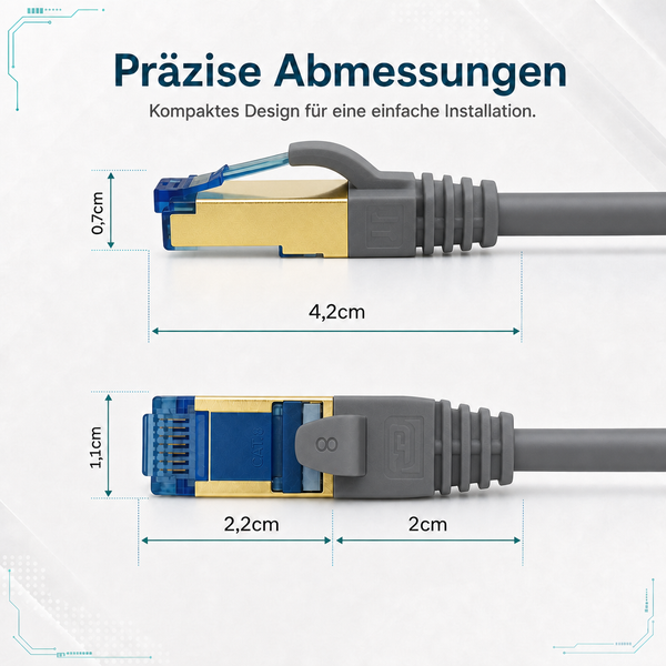Abmessungen eines CAT.8 Netzwerksteckers: Gesamtlänge 4,2 Zentimeter, Breite 1,1 Zentimeter und Höhe 0,7 Zentimeter für einfache Installation.