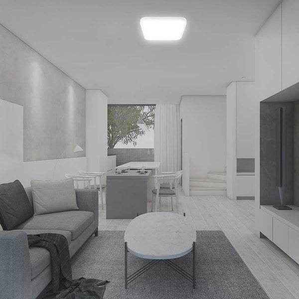 Helles Wohnzimmer mit Deckenleuchte, Sofa und Esstisch.