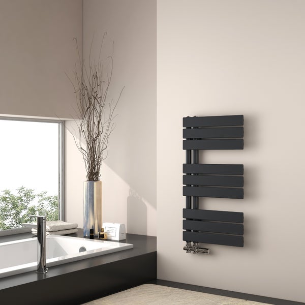 EMKE Badheizkörper Flach 762 x 400 mm Schwarz, Wasserbetriebener Handtuchwärmer für Badezimmer, Design Handtuchhalter mit Seitenanschluss, 342 W, Zentralheizung geeignet