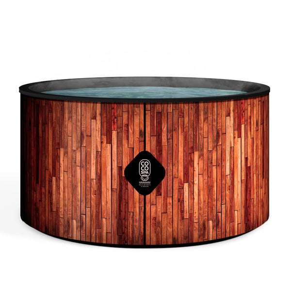 Runder aufblasbarer Whirlpool mit einer Außenverkleidung in Holzoptik und Coco Spa Logo.
