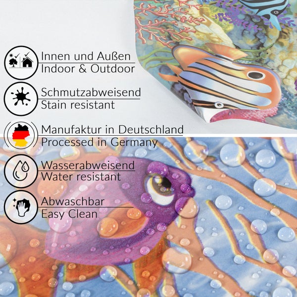 Symbol für Innen- und Außenbereich, schmutzabweisend, hergestellt in Deutschland, wasserabweisend, leicht zu reinigen