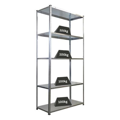 Metallregal mit fünf Böden und einer Traglast von 100 Kilogramm pro Boden