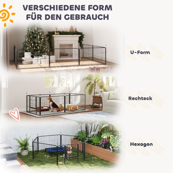 Vielseitiger Welpenauslauf aus Metall in den Formen U-Form vor einem Kamin, Rechteck im Wohnzimmer und Hexagon im Garten.