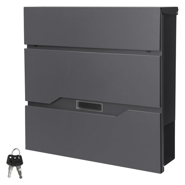 Anthrazitfarbener Wandbriefkasten aus verzinktem Stahl mit integriertem Zeitungsfach, Namensschild und zwei Schlüsseln.