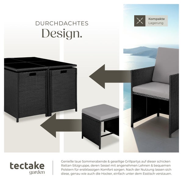 Rattan Sitzgruppe tectake Bilbao zusammenschiebbar, inklusive Schutzhülle für 4 bis 8 Personen schwarz/grau