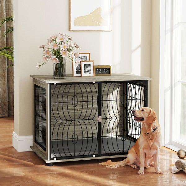 PawHut Hundekäfig für Zuhause, Hundehütte, Indoor Haustierkäfig mit Kissen, Hundehaus mit Fenster, Hundebox für große Hunde, Grau, 100 x 60 x 73,5 cm