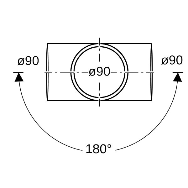 Technische Zeichnung eines Rohrstücks mit einem Durchmesser von 90 Millimetern und einem Winkel von 180 Grad.