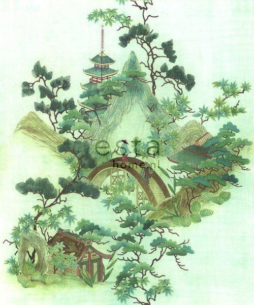 Illustration einer asiatischen Landschaft mit Pagode, Brücke und Bäumen