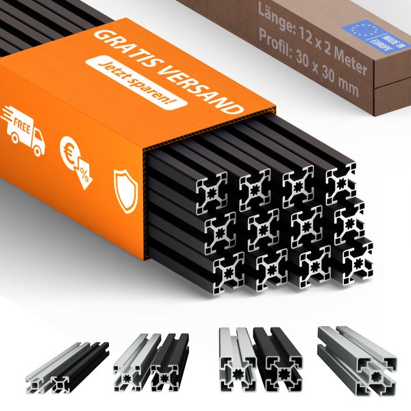 Aluminiumprofile, 30 x 30 Millimeter, Länge zwölf mal zwei Meter, im Karton