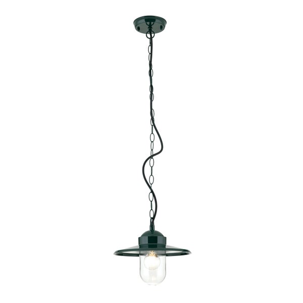 Außenhängeleuchte aus Metall mit Kette und Glaskuppel im industriellen Design.