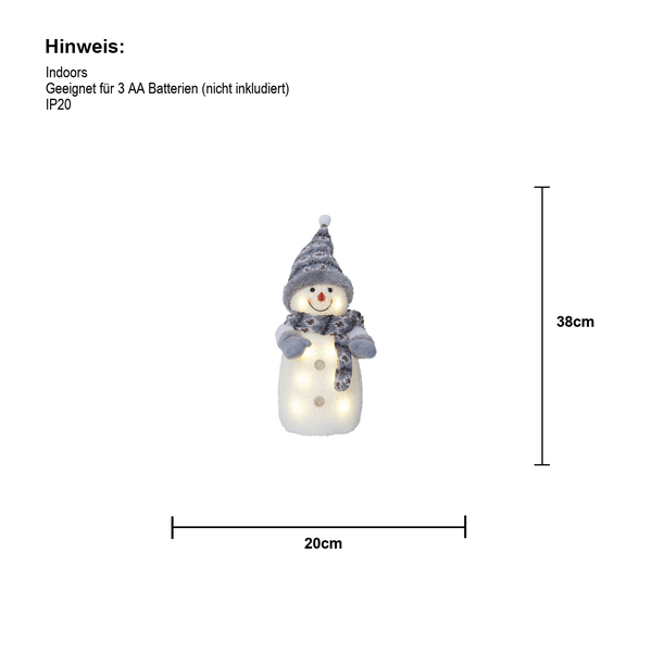 Dekorativer Schneemann mit Beleuchtung für den Innenbereich, 38 cm hoch und 20 cm breit. Benötigt drei AA Batterien, die nicht im Lieferumfang enthalten sind. Schutzart IP20.