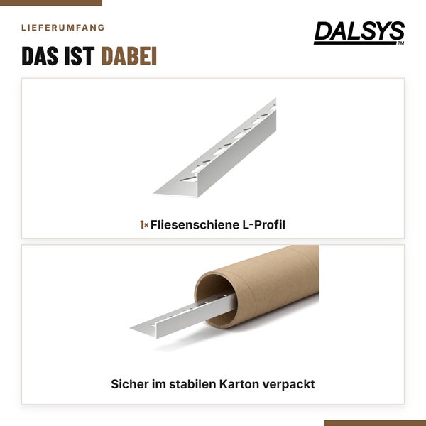 Dalsys Logo und Lieferumfang bestehend aus einer Fliesenschiene als L-Profil, sicher verpackt in einem stabilen Kartonrohr.