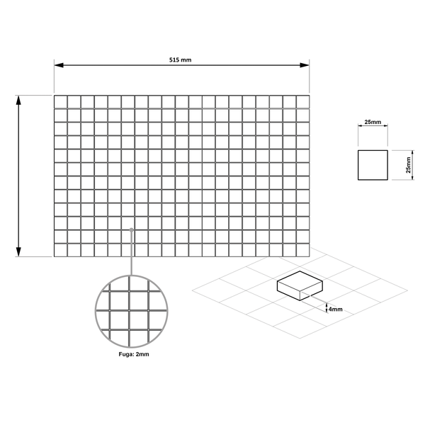 Glasmosaik Fliese in verschiedenen Blautönen, quadratische Mosaiksteine auf Netz.
