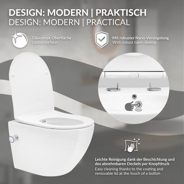 LuxeBath Wand WC Spülrandlos mit Bidet-Funktion, Weiß, Tiefspüler Keramik Hänge WC, kurz 49cm, Dusch WC mit Nano Beschichtung, Tornadospülung, Glänzende Kloschüssel Hängend mit WC-Sitz Absenkautomatik