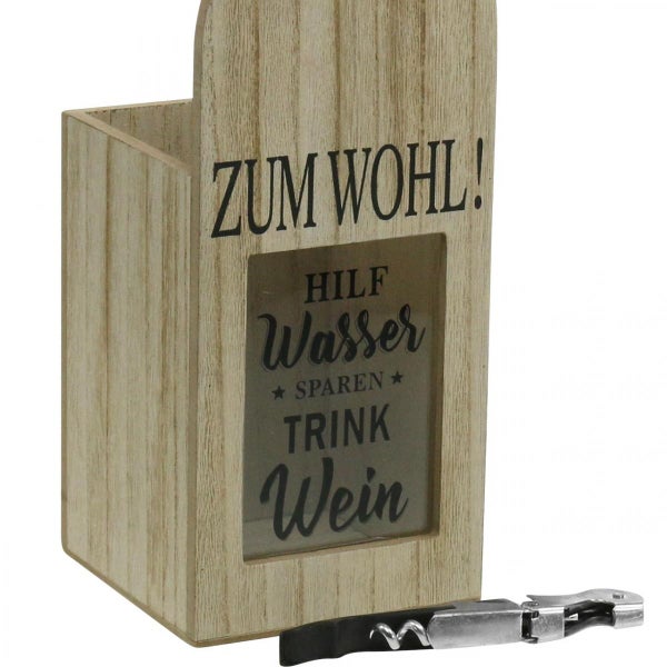Weinregal mit Korkenzieher und Aufschrift 'Zum Wohl!'