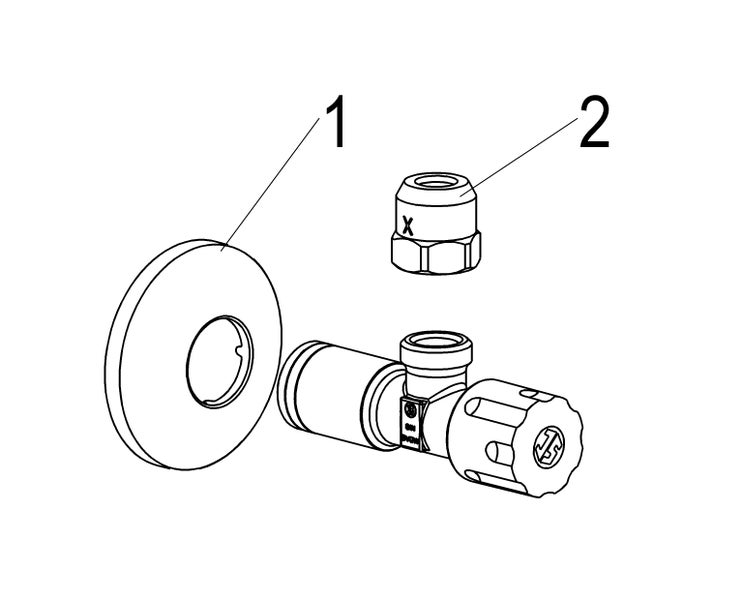 Zeichnung eines Eckventils für die Sanitärinstallation mit Wandrosette Nummer eins und Überwurfmutter Nummer zwei.
