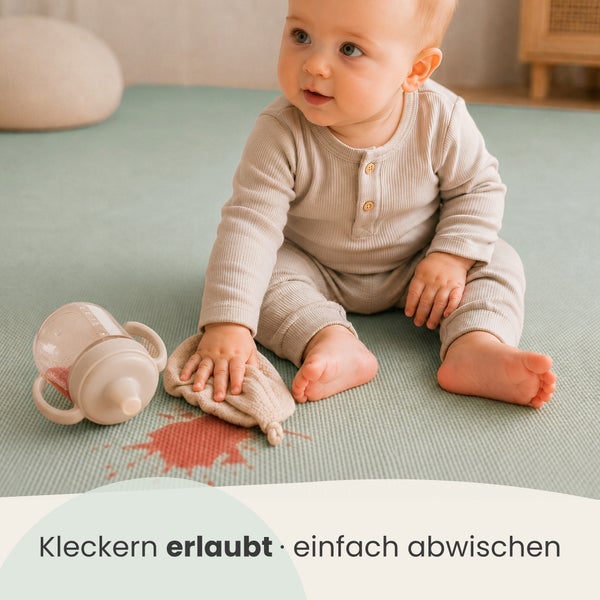 Ein Kleinkind sitzt auf einer abwischbaren Spielmatte, neben einer Trinkflasche und einem Fleck auf dem Boden.