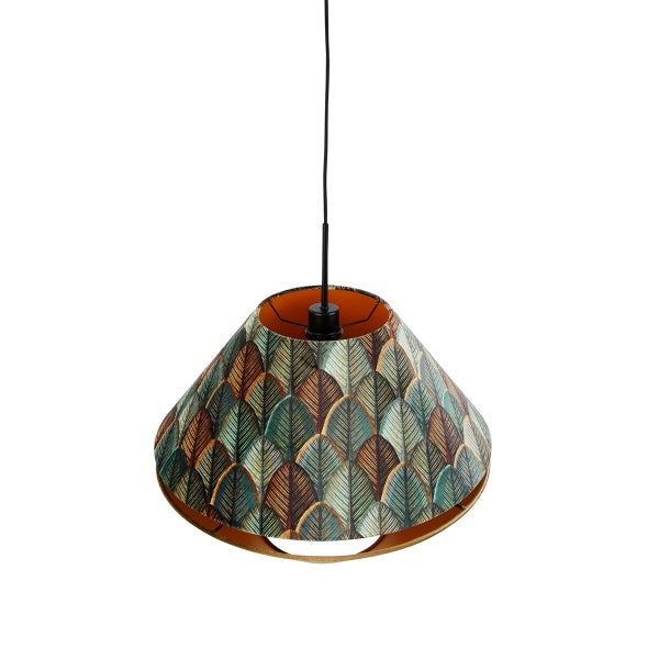 Pendelleuchte mit kegelförmigem Stoffschirm, Muster aus stilisierten Federn, Innenseite Gold, schwarze Aufhängung
