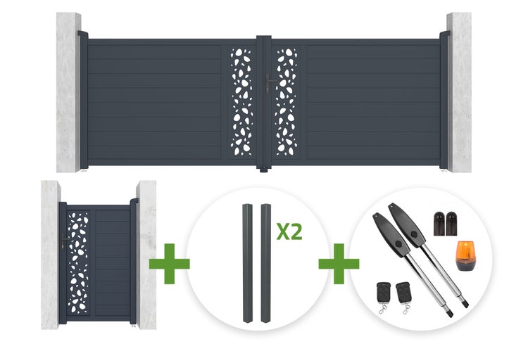 Komplettes Set mit zweiflügeligem Einfahrtstor, Gartentor, zwei Pfosten und elektrischem Torantrieb inklusive Handsendern und Signalleuchte.