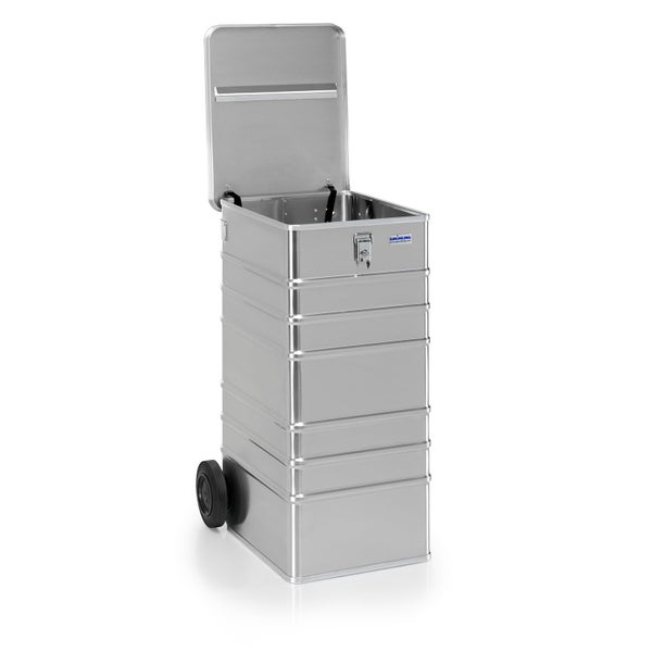 Hoher Aluminium-Transportwagen mit Rollen, geöffnetem Deckel und Schloss.