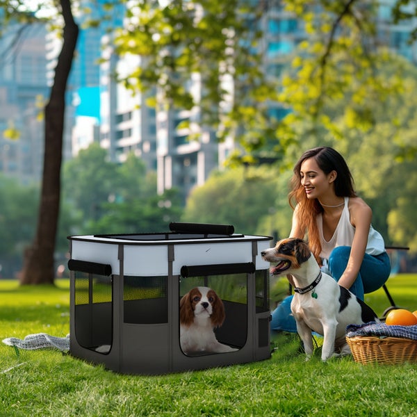 PawHut Welpenauslauf, Welpenlaufstall mit Türen, Fenster, faltbar Laufgitter, Atmungsaktiv Netz, für kleine Hunde unter 4 kg und Kleintiere, Indoor und Outdoor, 74 x 60 x 45 cm, Grau