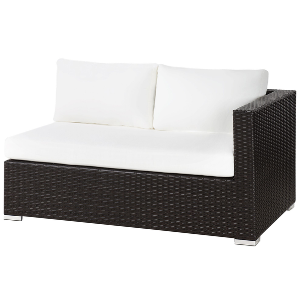 Zweisitziges Loungesofa mit Polyrattan Geflecht und weichen Sitz sowie Rueckenpolstern als Teil eines modularen Gartenmoebel Systems