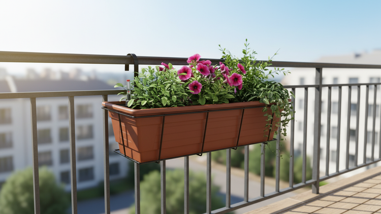 Kunststoff-Balkonkasten in Terrakotta-Optik mit schwarzer Metallhalterung am Balkongeländer, bepflanzt mit rosa Blumen und Grünpflanzen.