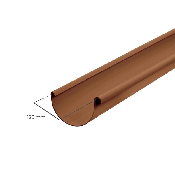 Halbrunde Dachrinne aus Kunststoff in Braun mit einem Durchmesser von 125 Millimeter.