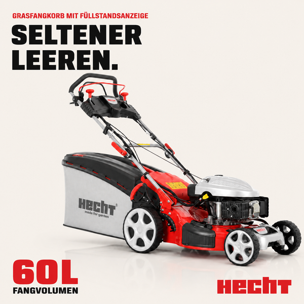 Hecht Benzin-Rasenmäher mit 60 Liter Grasfangkorb und Füllstandsanzeige.