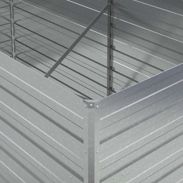 Detailansicht der Ecke und der Innenverstrebung eines Hochbeets aus Metall.