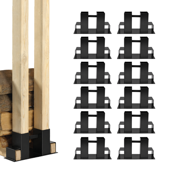 Set aus zwölf Kaminholzregal Verbindern aus Stahl zur Stabilisierung von Holzlagerungen.
