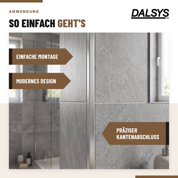 Dalsys Fliesenprofil an einer gefliesten Wand im Badezimmer für einen sauberen Kantenabschluss, einfache Montage und modernes Design.