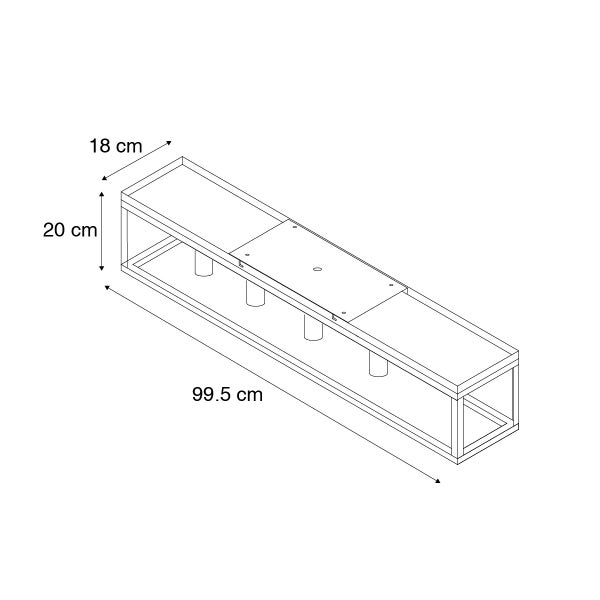 Technische Zeichnung einer Deckenleuchte mit den Maßen 99,5 cm Länge, 18 cm Breite und 20 cm Höhe
