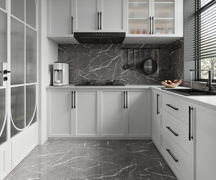 Feinsteinzeug Wand- und Bodenfliese Premium Marble Statuario Grau 60 x 60 x 0,9 cm glasiert poliert rektifiziert