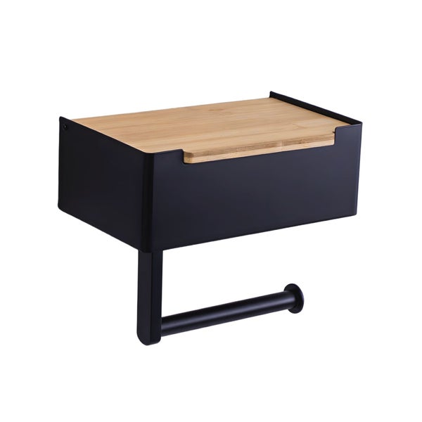 BERLINLODGE Toilettenpapierhalter mit eingebauter Box, 6,5x20x12cm, Schwarz/Bambus, Klopapierhalter mit Ablage Klorollenhalter WC Papier Halterung ohne Bohren, Selbstklebend oder zum Schrauben