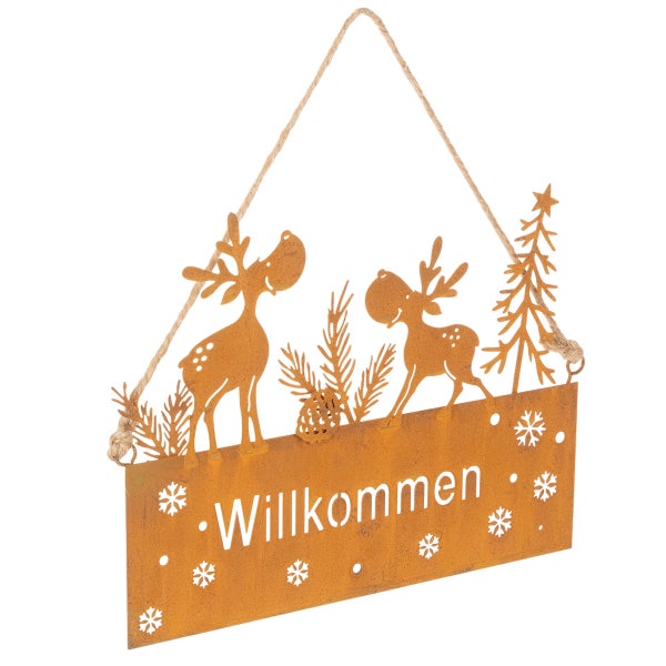 Türschild aus Metall in Rostoptik mit dem Schriftzug Willkommen, Rentieren und Tannenbaum zum Aufhängen.