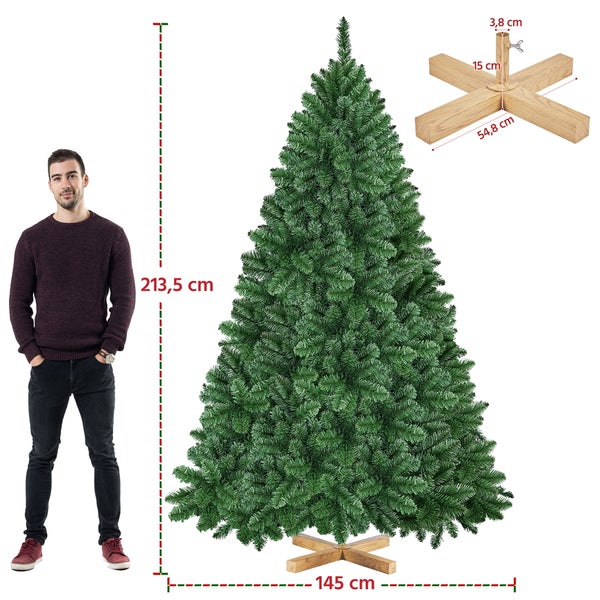Künstlicher grüner Weihnachtsbaum mit Holzständer und Größenangaben