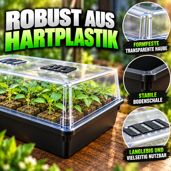 Zimmergewächshaus aus Hartplastik mit transparenter Haube und stabiler Bodenschale für die Anzucht von Pflanzen.