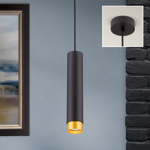 Zylinder Pendelleuchte in modernem Design mit zylindrischem Leuchtenkörper und textilen Kabel zur Deckenmontage