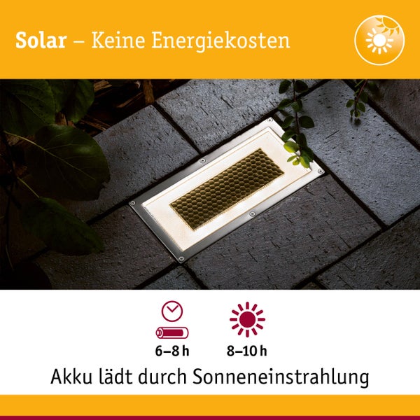 Solarbetriebene LED-Boden-Einbauleuchte mit Informationen zur Ladezeit von 6 bis 8 Stunden und einer Leuchtdauer von 8 bis 10 Stunden.