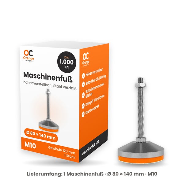 Verstellbarer Maschinenfuß aus verzinktem Stahl, Durchmesser 80 Millimeter, Gewindelänge 120 Millimeter, M10, Tragkraft bis 1000 Kilogramm.