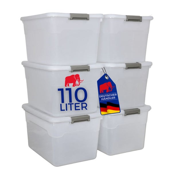 Sechser-Set transparente Aufbewahrungsboxen aus Kunststoff mit Deckel und grauen Klippverschlüssen, 110 Liter, Mammut Logo, Siegel Deutscher Händler.