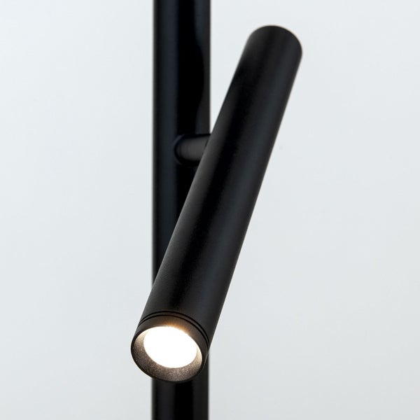 Nahaufnahme einer schwarzen Standleuchte mit verstellbarem Lichtkopf.