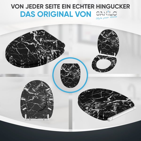 Sanilo Toilettensitz mit schwarzem Marmor Muster in verschiedenen Ansichten dargestellt.