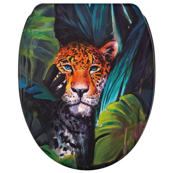 Toilettensitz mit aufgedrucktem Leopardenmotiv in einer Dschungellandschaft