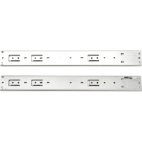 Zwei silberne Schubladenschienen aus Metall mit Befestigungslöchern.